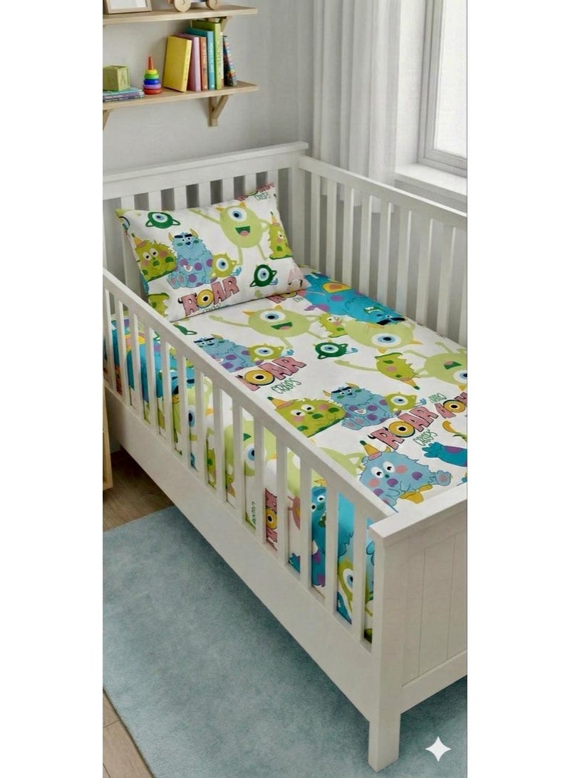 طقم سرير حديثي الولادة  من يارلن (2 ملاية سرير بأستيك لسرير مقاس 120*70*10 - تصميم هالو تيدي و  مونستير) - Image 1